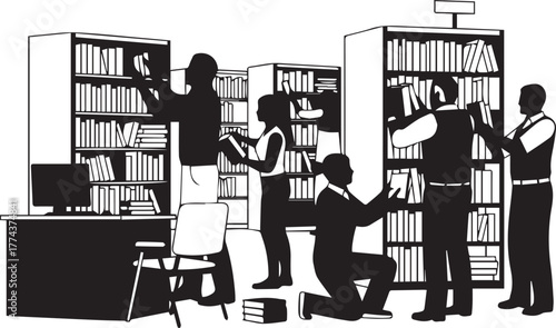 Diverse volunteers organizing bookshelves in a library for international volunteer day celebration