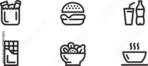 Collection of six outline icons for fast food and drinks burger hamburger