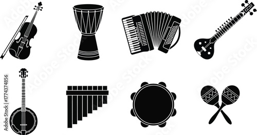 Djembe, accordion, sitar, banjo, pan flute, tambourine, and maracas musical instruments icons vector illustration, silhouette. 