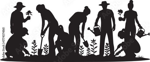 Diverse group of volunteers planting flowers and watering in a garden community project celebration.