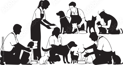 Diverse volunteers caring for animals celebrating international volunteer day concept