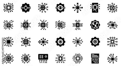 Collection of Black Circuit Board Icons Representing Technology and Processing.