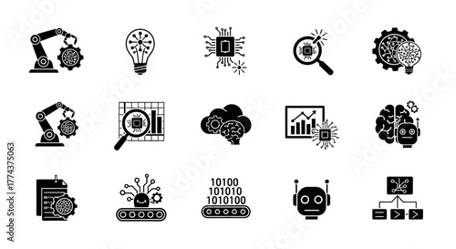 Simple Black Robot Icon with Round Eyes and Antennae Technology Concept.