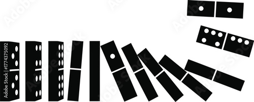 Wooden domino effect in circular arrangement showing chain reaction and falling blocks concept vector illustration silhouette. 