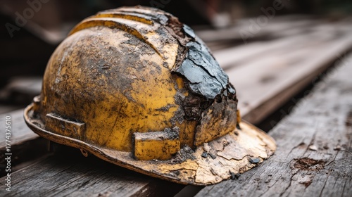 Wallpaper Mural Worn yellow hard hat resting on weathered wooden planks in a construction site Torontodigital.ca