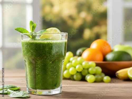 Fresh green detox smoothie in a clear glass with lime and mint, surrounded by fruits on a wooden table, natural light, healthy lifestyle. Generative AI.
