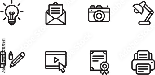 Creative and Business Icons Lightbulb Envelope Camera Desk Lamp Pencil and Printer idea inspiration