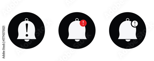 Emergency alert bell icon set on black circle. Warning notification sign symbol