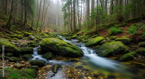 Serene forest stream flows over moss covered rocks amidst tall trees