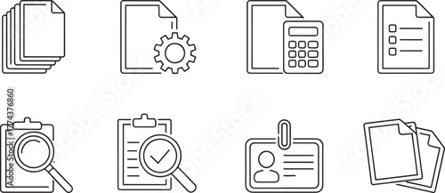 Document and Office Icons Set with Stack, Gear, Calculator, List, Magnifying Glass Keywords: document