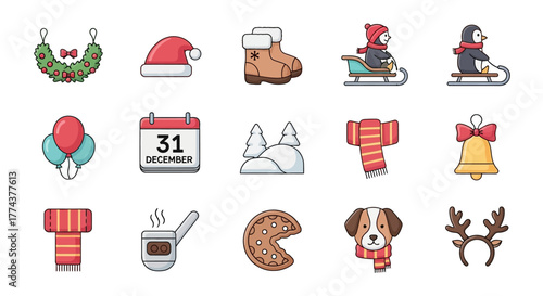 Festive Holiday Icons Christmas Wreath, Santa Hat, Penguin, Sleigh & Calendar for Winter Celebrations