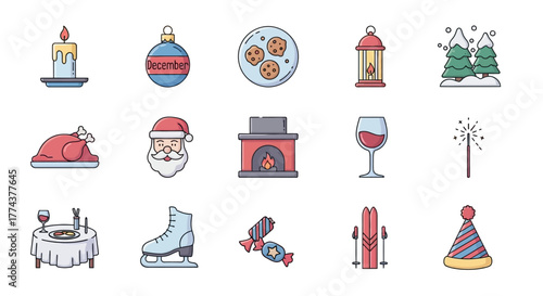 Festive Holiday Icons Christmas, Winter, and Celebration Vector Elements