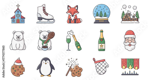 Festive Winter Holiday Icons Church, Skates, Animals, Drinks & Christmas Elements