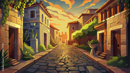 Vector of an old Rome alley, ancient stone walls, warm evening light, ivy plants, nostalgic Mediterranean atmosphere