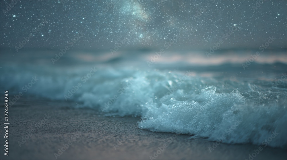 Obraz premium Close-up of a beach at night. the sky is filled with stars and the milky way is visible in the top right corner. the water is a deep blue color and the waves are crashing onto the shore.