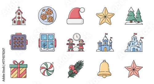 Festive Christmas Icons Holiday Season Symbols for Celebration, Gifts, Decorations, and Winter Joy