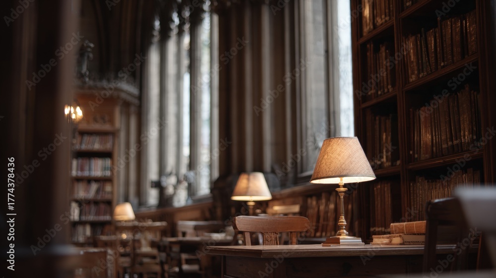 Fototapeta premium Dimly lit room with a large window on the right side. the room is filled with bookshelves and there are several wooden tables and chairs scattered throughout.