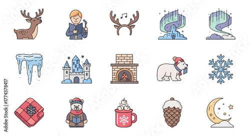 Winter Wonderland Cozy Icons for Christmas Holiday Season and Festive Cheer