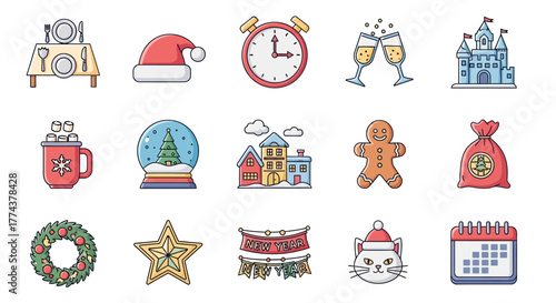 Festive Holiday Icons A Colorful Collection of Christmas Cheer and New Year Celebration Designs