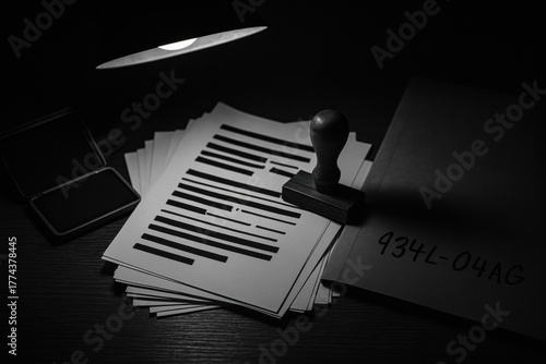 Redacted document with black bars and wooden stamp on desk under lamp, dramatic lighting conveys secrecy and tension