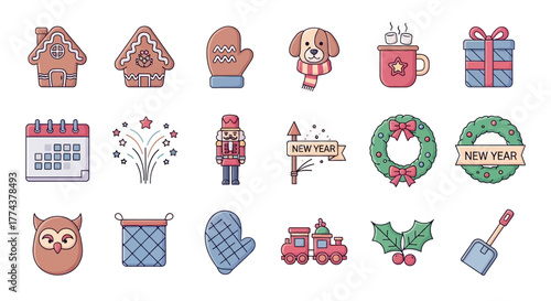 Festive Holiday Icons Set Gingerbread House, Mittens, Dog, and More for Christmas and New Year's Celebrations