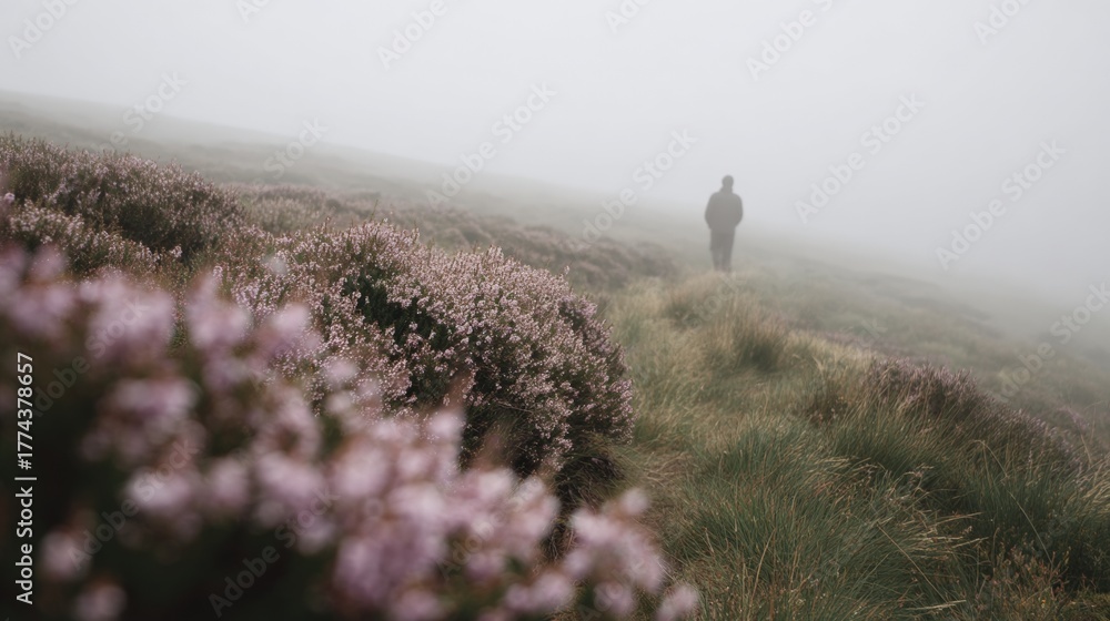 Obraz premium Person walking on a hill covered in a thick fog. the person is silhouetted against the fog, and they are walking towards the right side of the image.