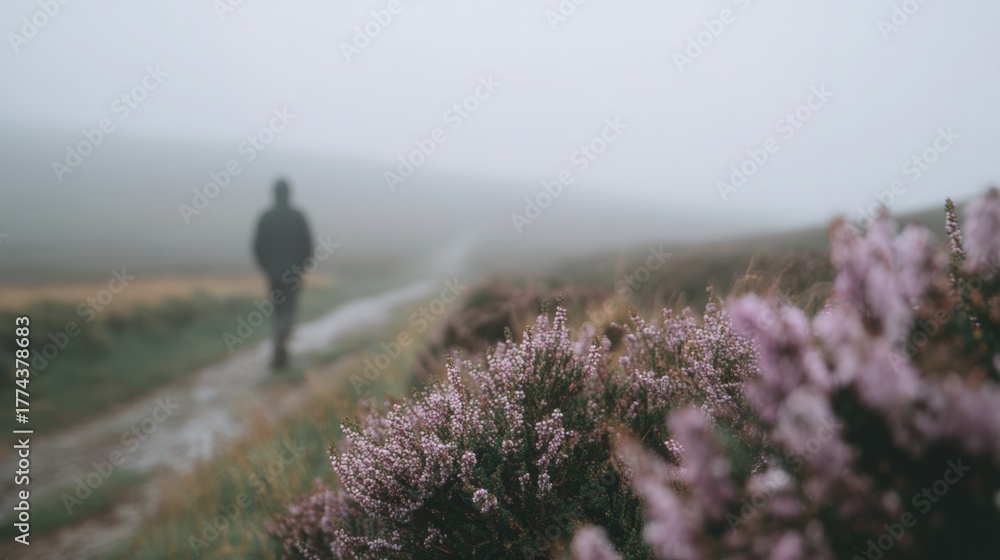Obraz premium Person walking on a foggy path in the middle of a field. the person is silhouetted against the fog, and their body is facing away from the camera.