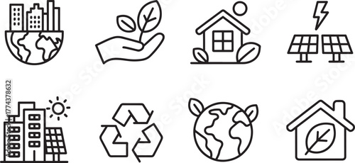 Eco Friendly Environment Icons Earth Hand House Solar Panels vector illustration