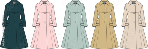 Collection of elegant long coats in various pastel shades and a deep teal color, perfect for fashion-forward individuals seeking stylish outerwear options