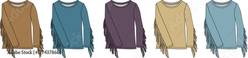 Vector fashion set of women's casual long sleeve tops with fringe. Collection of colorful bohemian style shirts for apparel design