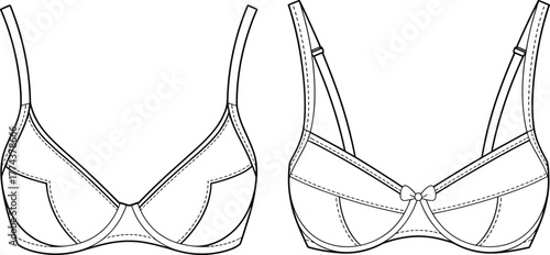Bra technical sketch, lingerie flat vector, front view, CAD drawing, underwire support, multi-panel cups, adjustable straps, fashion design, garment construction