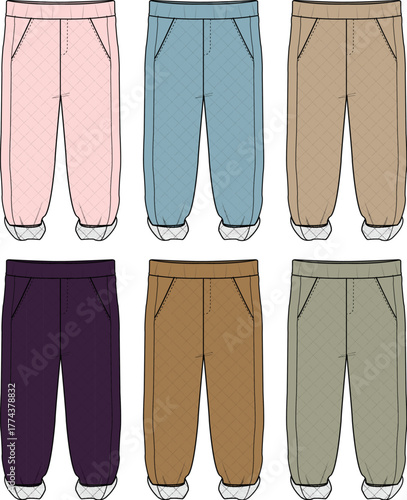 Kids casual pants and joggers fashion flat vector template. A collection of children's trousers in multiple colors for apparel design mockups