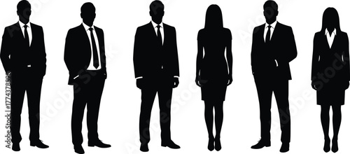 Business silhouettes, diverse professionals in suits, teamwork concept, leadership, office staff