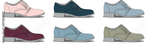 Vector illustration set of classic formal lace-up shoes, showcasing an elegant footwear design in six different stylish colorways