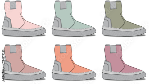 A colorful collection of warm winter ankle boots shown in a variety of modern pastel colors. Vector graphic set for fashion, retail, and design concepts