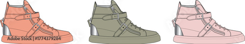 Fashionable high-top sneakers in three distinct colorways, showcasing a modern and stylish footwear design