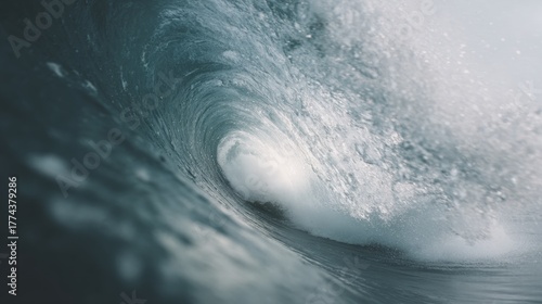 Close-up of a wave breaking in the ocean. the wave is large and powerful, with a deep blue color and white foam. the water is choppy and turbulent, with small waves crashing against the shore.