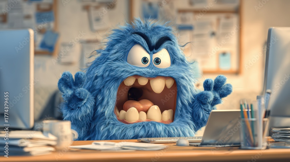 Funny blue monster surprised while working at a cluttered desk in an office setting during daytime