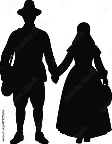 Pilgrim Couple Silhouette Vector - Colonial Man and Woman Historical Icon