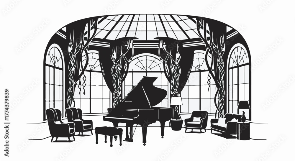 Fototapeta premium Elegant grand piano and seating arranged in a sunlit conservatory with ornate windows