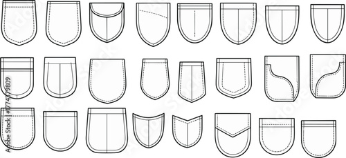 Pocket design technical sketch, fashion accessory template, garment construction detail, flat vector illustration, CAD drawing, apparel blueprint, sewing pattern, clothing element reference