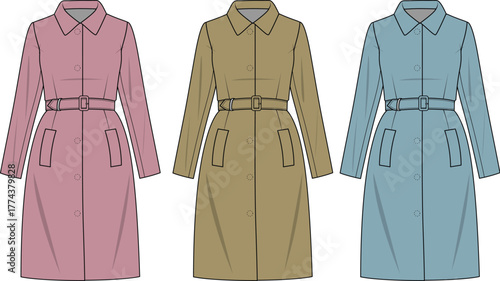 Stylish collection of classic trench coats in three distinct color variations, presented as detailed flat vector illustrations ideal for fashion design and apparel concept development