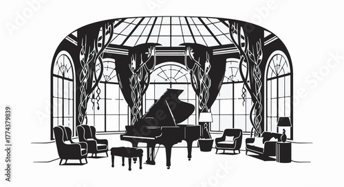 Elegant grand piano and seating arranged in a sunlit conservatory with ornate windows