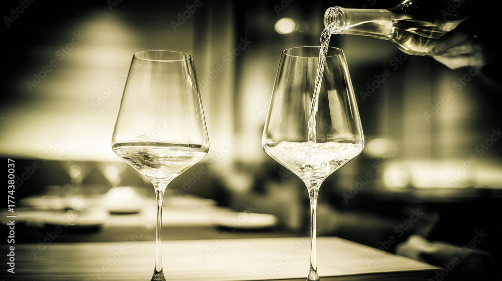 Obraz premium fine. Two elegant wine glasses being filled in a softly lit, blurred restaurant setting. bar promotions, beverage menus, designed for food & beverage menus and cafe branding.