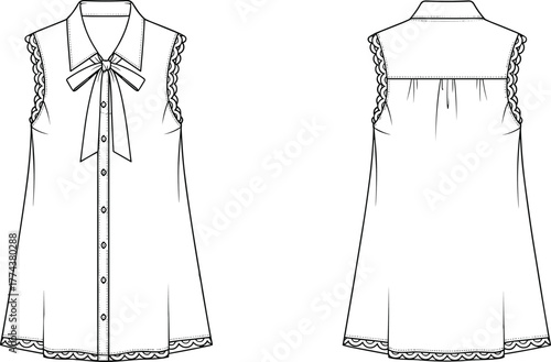 Technical flat sketch of sleeveless blouse, bow tie neckline, lace trim detail, button front, curved hem, fashion illustration, garment template, apparel drawing