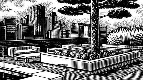 Single pine tree planted in modern rooftop garden with city skyline behind.