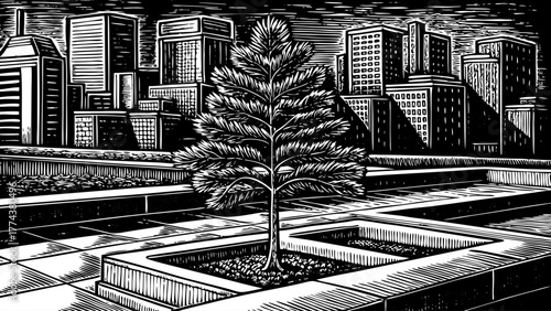 Single pine tree planted in modern rooftop garden with city skyline behind.