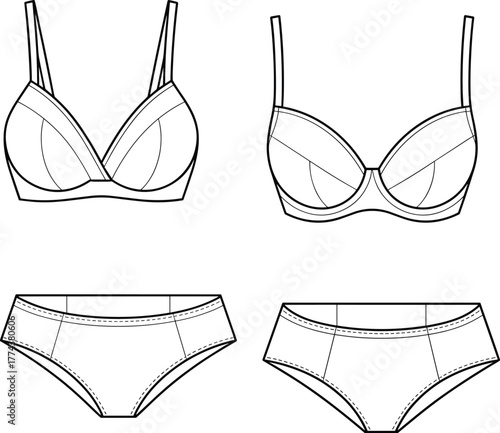 Women's lingerie technical sketch, bra and panty fashion design, flat vector illustration, CAD drawing, garment construction, underwear template, sewing pattern, apparel blueprint