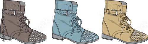 A collection of stylish women's combat boots in various colors, featuring lace-up design, studded toe caps, and ankle buckle straps