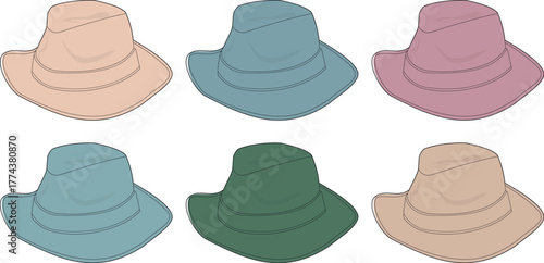 A vibrant illustration set of diverse wide-brimmed hats in various pastel and earthy colors, depicting stylish headwear perfect for summer fashion, travel, and outdoor adventure themes